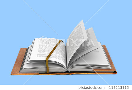 Open book in a leather cover A blank white book 3d render on blue 115213513