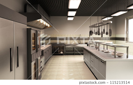 empty industrial kitchen 3d render 115213514
