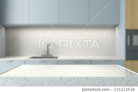 Marble podium for presentation on the background of an empty blurred light kitchen Marble podium for presentation on the background of an empty blurred light kitchen 115213516