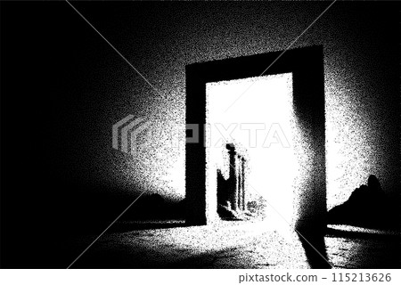 Ancient ruins in sci-fi scene with dotwork retro style. Mysterious gate debris with dramatic lights and retro texture 115213626