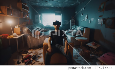 Happy man in virtual reality glasses in a mess in a room at home, escape from reality, virtual life concept, blurred motion. Generative AI 115213688