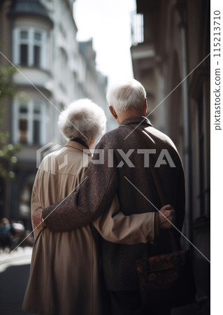 Elderly senior couple hugging and walking or traveling in the city, back view, AI generated 115213710