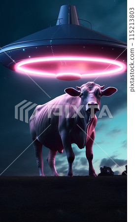 Cow abduction by aliens on a flying saucer in neon light at night in a field, generated by AI 115213803