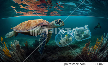World ocean pollution, Turtle and plastic bags underwater, generated by AI 115213825