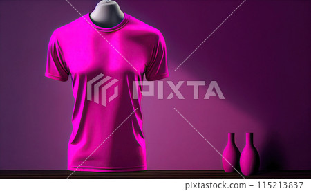 Mannequin in pink t-shirt mockup blank on pink monocolor, monochrome background. Generative AI 115213837
