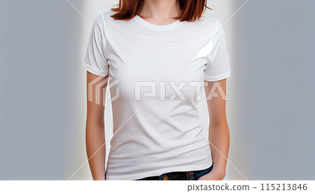Front view woman in white t-shirt mock up blank on grey background. Generative AI 115213846