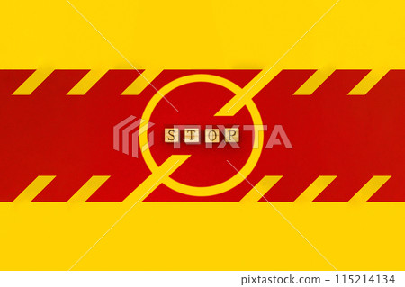 黃色禁止標誌,紅線上寫有「STOP」字母 黃色禁止標誌,紅線上寫有「STOP」字母 115214134