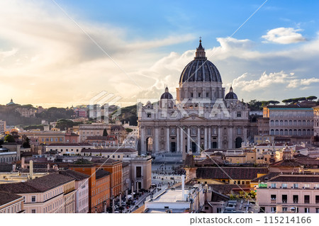 Saint Peter Basilica in Vatican City at Rome, Italy and Street Via della Conciliazione at sunset sky. 115214166
