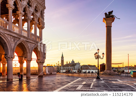 Beautiful sunrise view of Doge's Palace (Palazzo Ducale), Lion of Saint Mark and piazza San Marco in Venice, Italy. Sunrise cityscape of Venice. Beautiful sunrise view of Doge's Palace (Palazzo Ducale), Lion of Saint Mark and piazza San Marco in Venice, Italy. Sunrise cityscape of Venice. 115214170