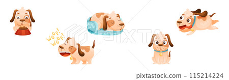 Cute Dog with Collar as Domestic Pet Engaged in Different Activity Vector Set 115214224