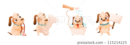 Cute Dog with Collar as Domestic Pet Engaged in Different Activity Vector Set 115214225