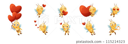 Cute Bee Character with Striped Yellow Body and Wings Engaged in Different Activity Vector Set 115214323