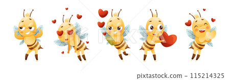 Cute Bee Character with Striped Yellow Body and Wings Engaged in Different Activity Vector Set 115214325