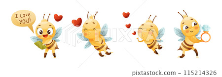 Cute Bee Character with Striped Yellow Body and Wings Engaged in Different Activity Vector Set 115214326