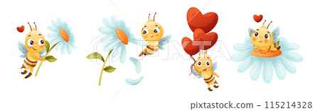 Cute Bee Character with Striped Yellow Body and Wings Engaged in Different Activity Vector Set 115214328