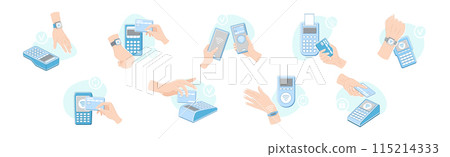 Contactless Payment with Hand Paying with Smartphone, Plastic Card and Wrist Watch Vector Set Contactless Payment with Hand Paying with Smartphone, Plastic Card and Wrist Watch Vector Set 115214333