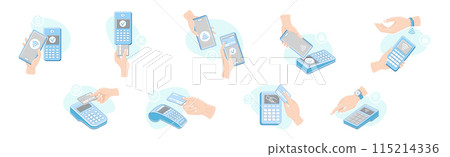 Contactless Payment with Hand Paying with Smartphone, Plastic Card and Wrist Watch Vector Set 115214336