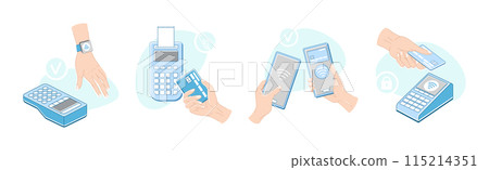 Contactless Payment with Hand Paying with Smartphone, Plastic Card and Wrist Watch Vector Set Contactless Payment with Hand Paying with Smartphone, Plastic Card and Wrist Watch Vector Set 115214351