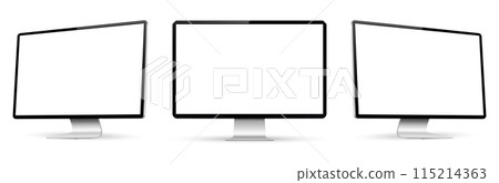 Three monitor with empty display, realistic set device screen mockup 115214363