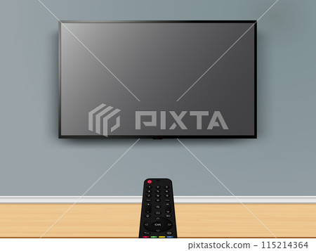 Watching online TV with remote control. Remote control is pointed at the TV on the wall. Watching online TV with remote control. Remote control is pointed at the TV on the wall. 115214364