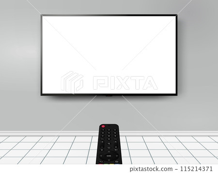 Television on a gray wall and remote control 115214371