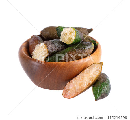 Fresh finger limes in wooden bowl isolated on white background. Caviar lime. Fruits pods. Fresh finger limes in wooden bowl isolated on white background. Caviar lime. Fruits pods. 115214398