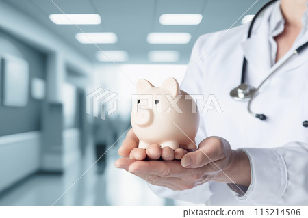 Doctor holding piggy bank . Doctor holding piggy bank . 115214506