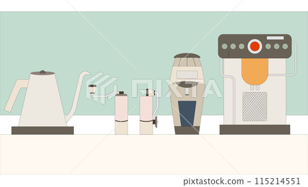 At home coffee station with kettle, coffee machine and grinders At home coffee station with kettle, coffee machine and grinders 115214551