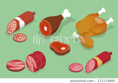3D Isometric Flat Vector Set of Fresh Farm Meat Products, Butcher Shop 115214660