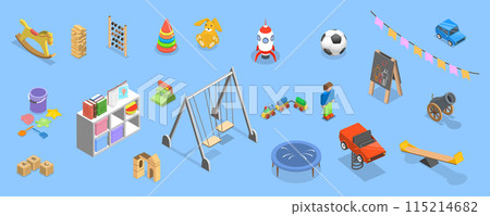 3D Isometric Flat Vector Set of Kindergarten, Classroom of Nursery School 115214682