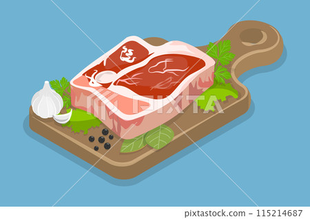 3D Isometric Flat Vector Illustration of Raw Beaf Steak, Fresh Meat for Grill 3D Isometric Flat Vector Illustration of Raw Beaf Steak, Fresh Meat for Grill 115214687