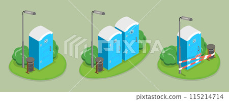 3D Isometric Flat Vector Set of Portable Toilets, Public Convenience Facilities 115214714