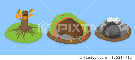 3D Isometric Flat Vector Set of Cartoon Woodland Animals, Wild Animals Sleeping in Holes 115214716