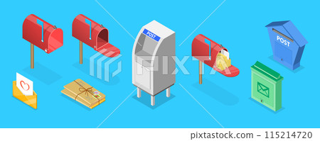 3D Isometric Flat Vector Set of Mailboxes, Post Elements 115214720