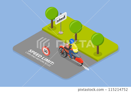 3D Isometric Flat Vector Illustration of Safe Moto Riding Tips, Motorcycle Driving Practice 115214752