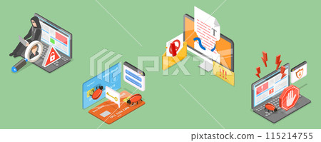 3D Isometric Flat Vector Illustration of Computer Crime, Cyber Security Breach 115214755