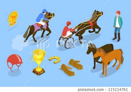 3D Isometric Flat Vector Set of Equestrian Elements, Horse Riding 115214761