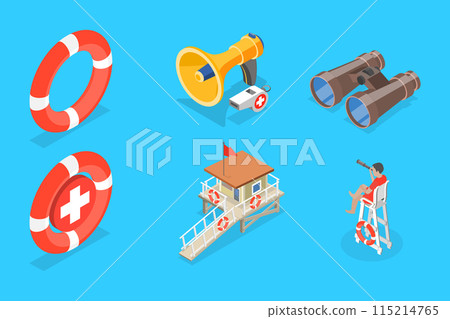3D Isometric Flat Vector Set of Beach Lifeguard Equipment Elements, Water Rescue 115214765