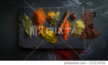 Assorted spices including cinnamon, star anise, and peppercorns on a dark slate board. Generated AI. 115214783