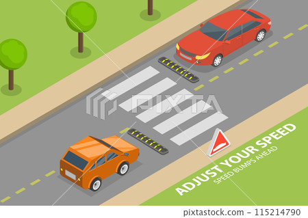 3D Isometric Flat Vector Illustration of Safety Car Driving Rules, Speed Bump Ahead Warning Sign 3D Isometric Flat Vector Illustration of Safety Car Driving Rules, Speed Bump Ahead Warning Sign 115214790