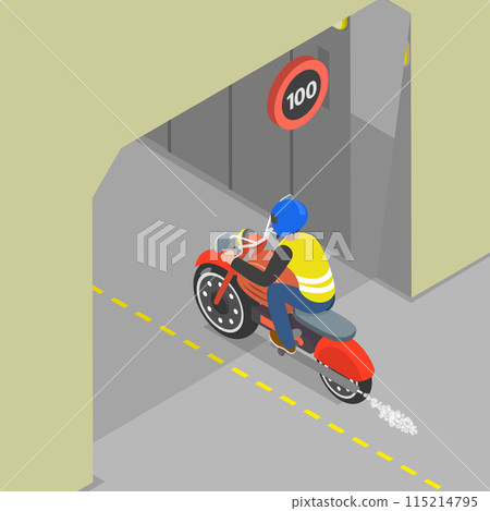 3D Isometric Flat Vector Illustration of Driving Motorcycle, Safe Motobike Riding 115214795