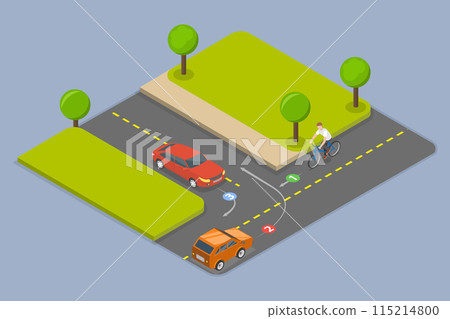 3D Isometric Flat Vector Illustration of Giving a Way to an Oncoming Cyclist, Traffic Regulation Rules And Tips 3D Isometric Flat Vector Illustration of Giving a Way to an Oncoming Cyclist, Traffic Regulation Rules And Tips 115214800