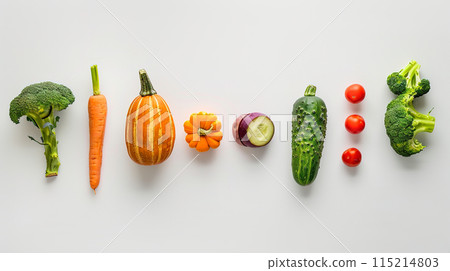 Assorted fresh vegetables arranged neatly on a white background. Generated AI. Assorted fresh vegetables arranged neatly on a white background. Generated AI. 115214803