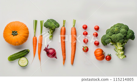 Assorted fresh vegetables arranged neatly on a white background. Generated AI. 115214805