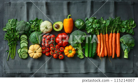 Assorted fresh vegetables arranged neatly on a dark cloth background. Generated AI. 115214807