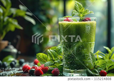 A green smoothie with berries and mint leaves in a crystal glass surrounded by fresh fruits. Generated AI. 115214808