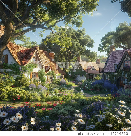 Charming village with quaint cottages, vibrant gardens, and a winding path under a sunny sky. Generated AI. 115214810