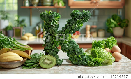 Sculpture of the letter 'K' made from kale and other greens on a kitchen counter. Generated AI. Sculpture of the letter 'K' made from kale and other greens on a kitchen counter. Generated AI. 115214867