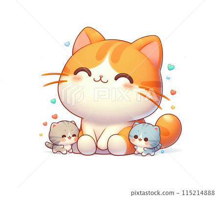 3D funny cute cartoon cat and kittens on white background. 115214888