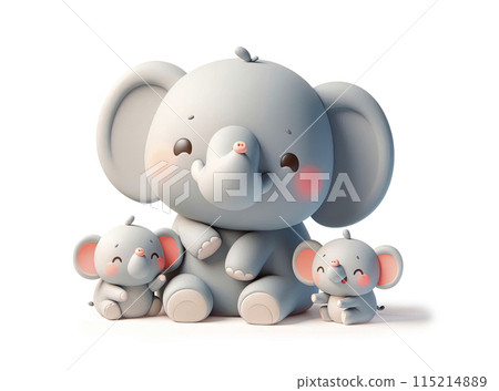 3D funny cute cartoon elephant and elephant babies on white background. 115214889